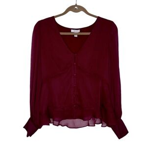 Nine West Blouse Women's Medium Button Up Wine Maroon